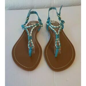 Lauren Ralph Lauren Ankle Strap Flat Thong Sandals Women 5.5B White Blue Buckle